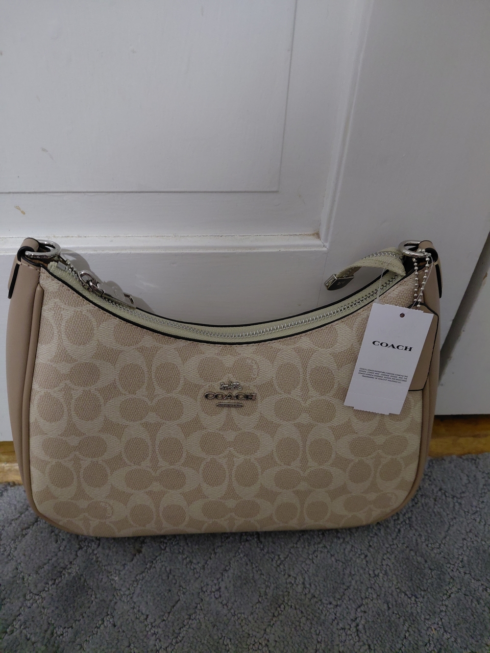 Coach Beige Signature Canvas Shoulder Bag with Leather Trim